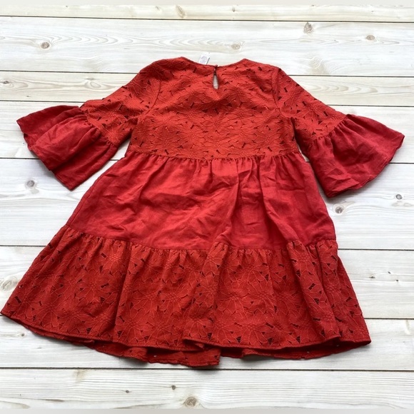 Flying tomato Small Red short tiered ruffle bell sleeve crocheted mini dress - Picture 5 of 11